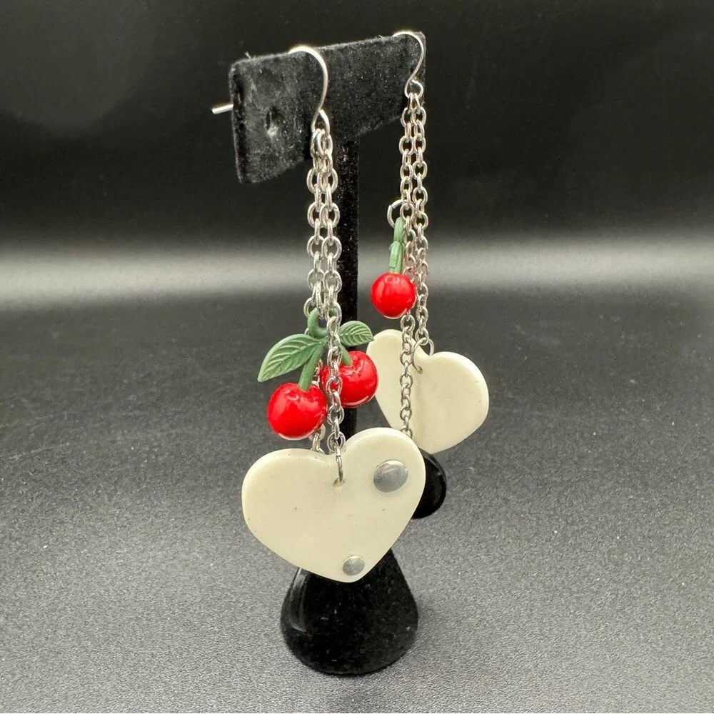 Red Cherry Heart Dangly Earrings 90s Style - Picture 2 of 11